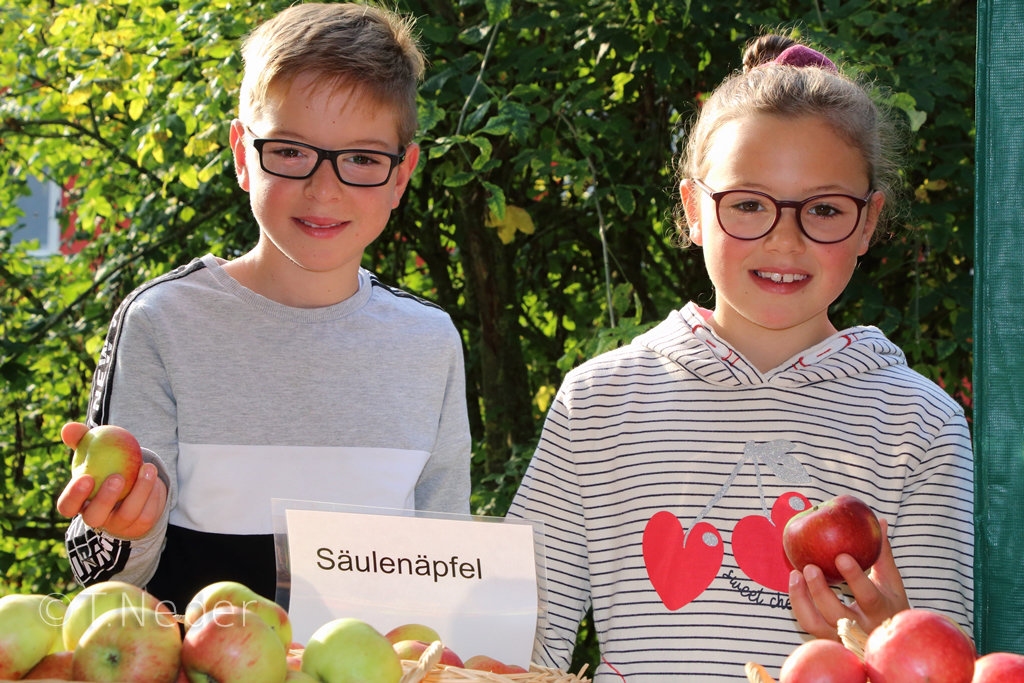 Auch die jungen Gartenfreunde Ella und Johann Jahn aus Bischwind fanden die vielen leuchtenden Apfel- und Birnensorten sehr lecker.